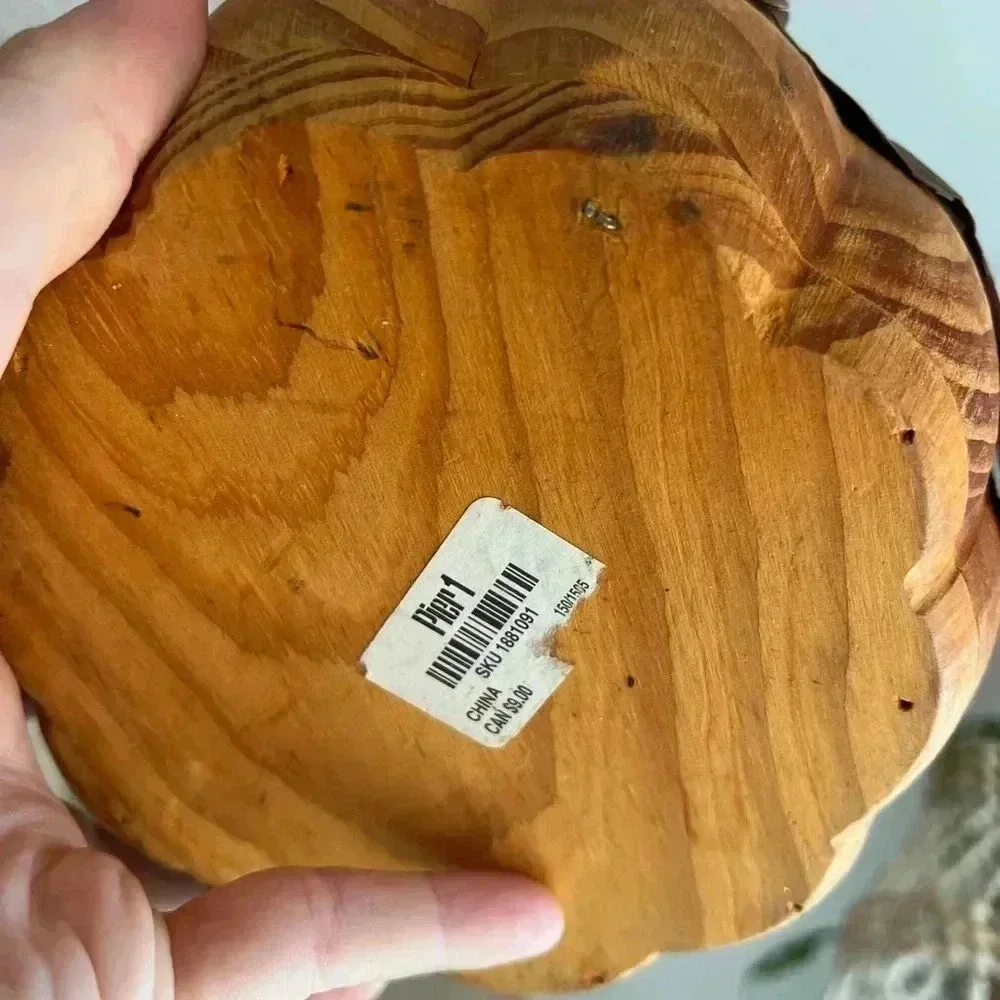 Pier 1 Rustic Wooden Pumpkin Bowl with Metal Leaf Accents – 5” x 5” - Picture 5 of 5